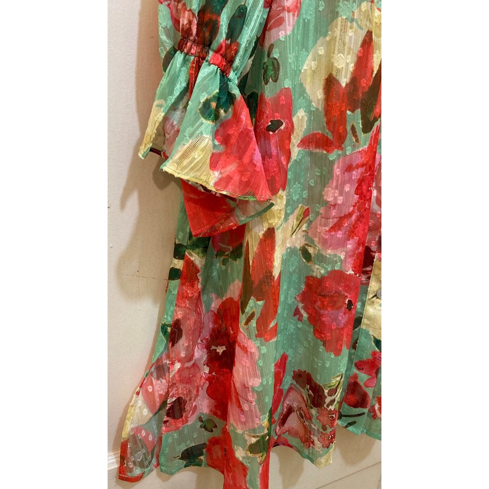 Susan Graver Womens Shirt 1XP Floral Metallic Sheer Button Tunic Romantic Garden - Picture 4 of 10